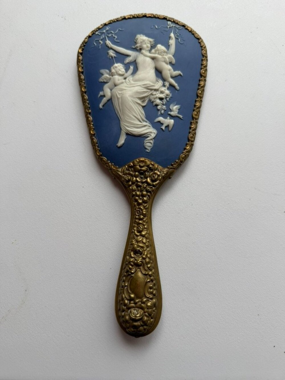Antique Blue Jasperware “Love's Dream” Ornate Brass Hand Mirror – Cherubs